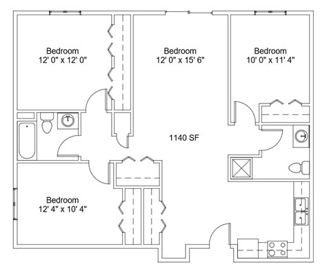 Floor plan for 3 beds, 2 baths, 1140 sqft